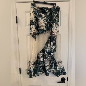 NWT PATBO Pua Ruffled Mesh-Panel Wrap Skirt Ivory/Green Palm Print Large